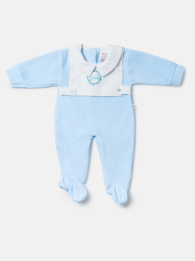 Velour Baby Grow with Peter Pan Collar & Wreath Embroidery - Baby Blue
