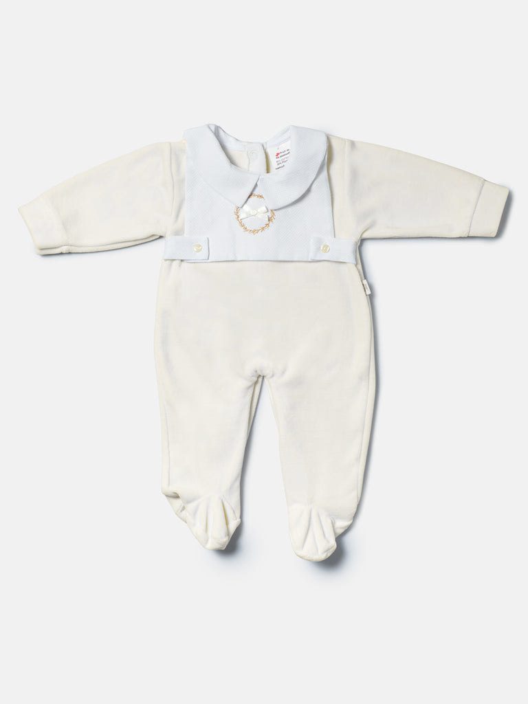 Velour Baby Grow with Peter Pan Collar & Wreath Embroidery - Ivory