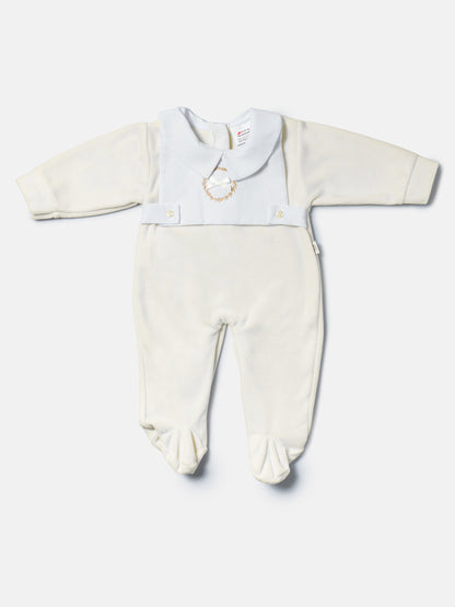 Velour Baby Grow with Peter Pan Collar & Wreath Embroidery - Ivory