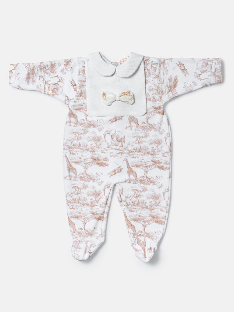 Baby Grow for Girls Safari Collection with Peter Pan Collar & Bow - Beige