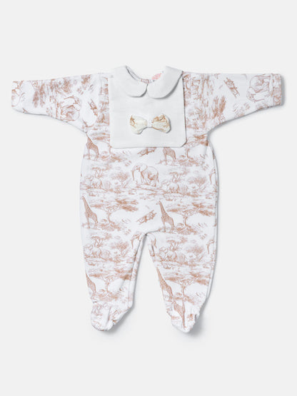 Baby Grow for Girls Safari Collection with Peter Pan Collar & Bow - Beige