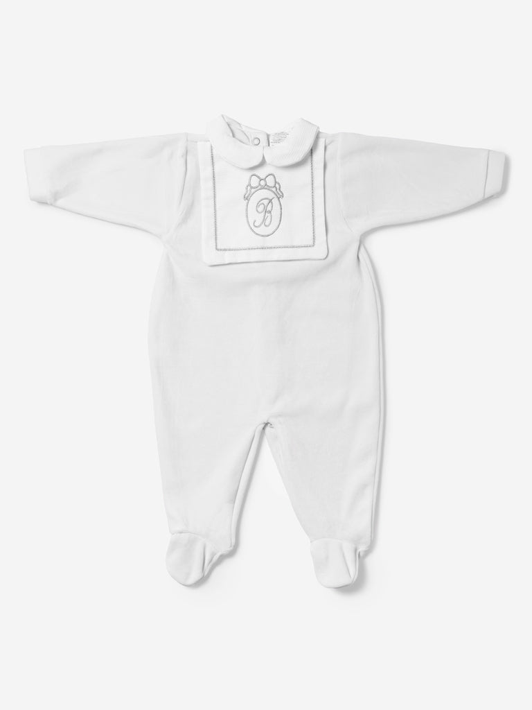 Velour Baby Grow with Embroidered Letter "B" - White