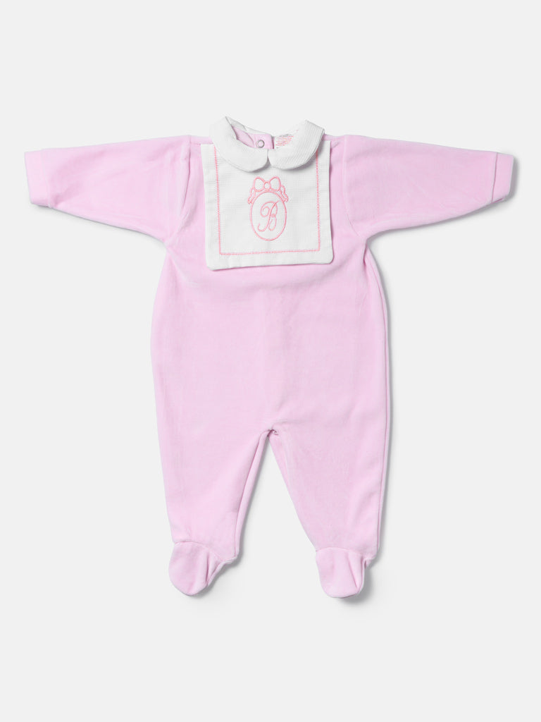 Velour Baby Grow with Embroidered Letter "B" - Baby Pink