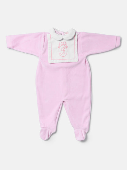 Velour Baby Grow with Embroidered Letter "B" - Baby Pink