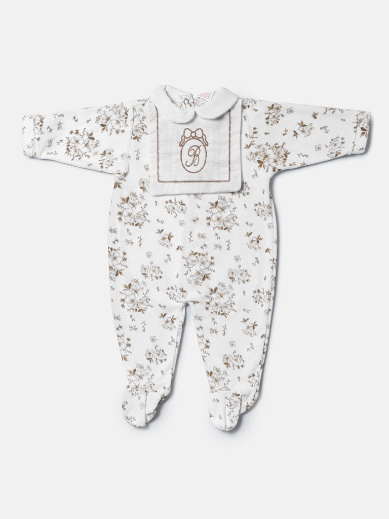 Floral Baby Grow for Girls with Embroidered Letter "B" - Beige