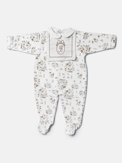 Floral Baby Grow for Girls with Embroidered Letter "B" - Beige