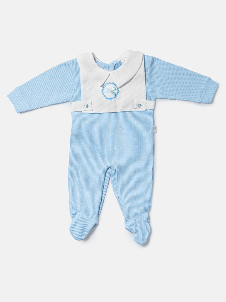 Cotton Baby Grow with Peter Pan Collar & Wreath Embroidery - Baby Blue