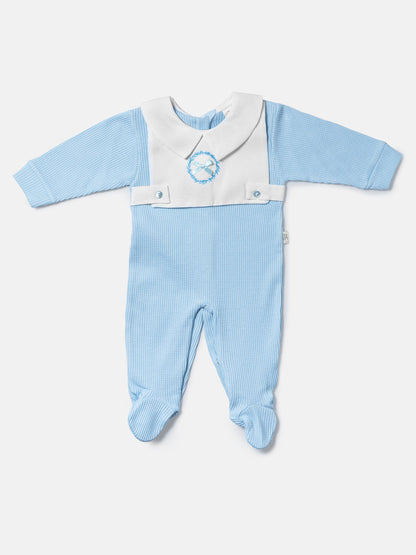 Cotton Baby Grow with Peter Pan Collar & Wreath Embroidery - Baby Blue