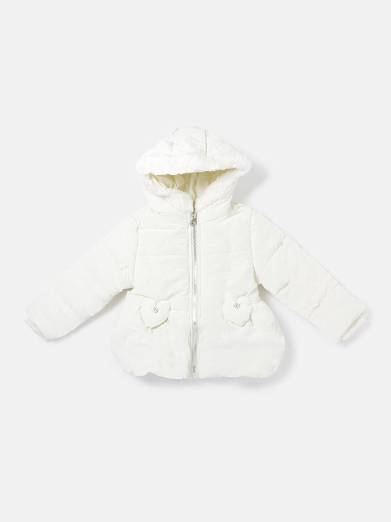 Baby Girl Padded Hooded Coat with Hearts Applique - White