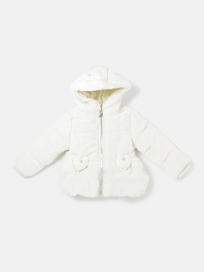 Baby Girl Padded Hooded Coat with Hearts Applique - White