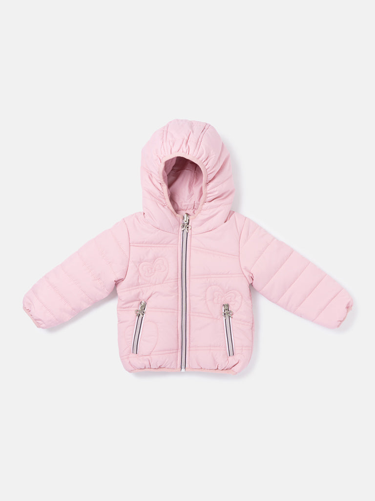 Baby Girl Padded Hooded Coat with Heart Pattern - Baby Pink
