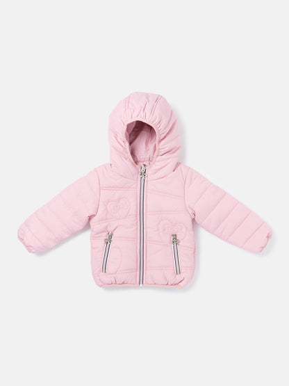 Baby Girl Padded Hooded Coat with Heart Pattern - Baby Pink