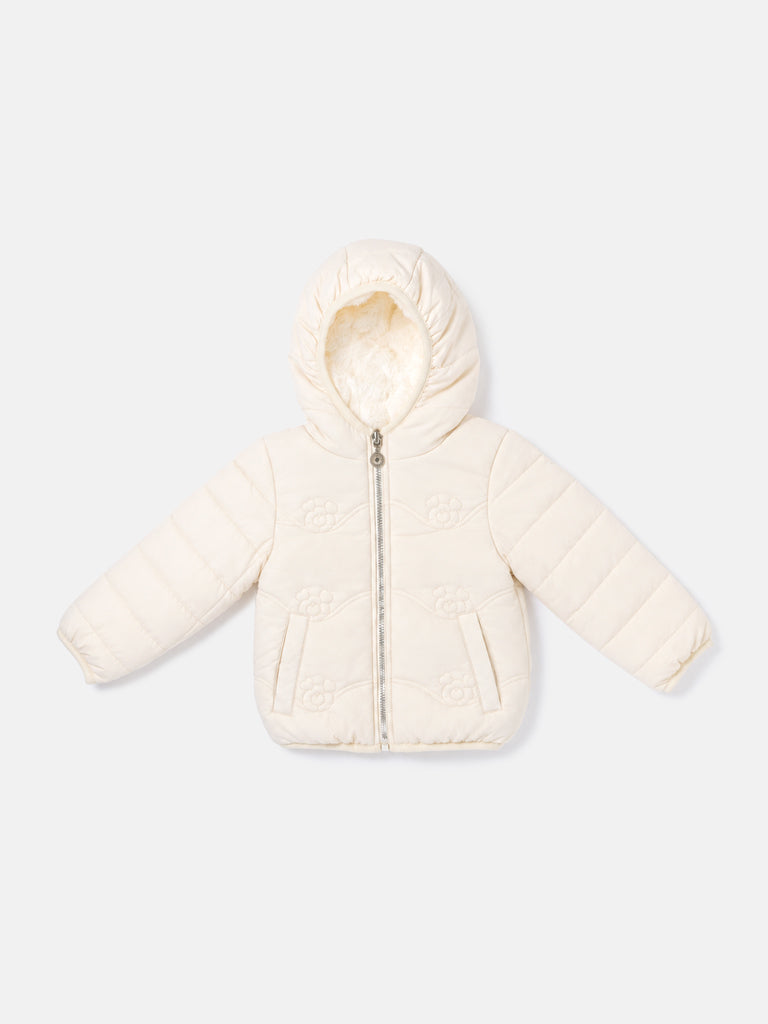 Baby Girl Padded Hooded Coat with Teddy Pattern - Ivory