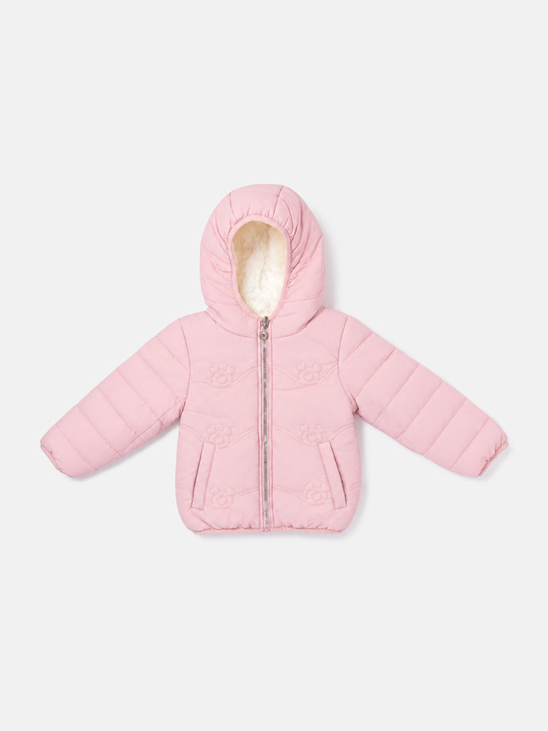 Baby Girl Padded Hooded Coat with Teddy Pattern - Baby Pink