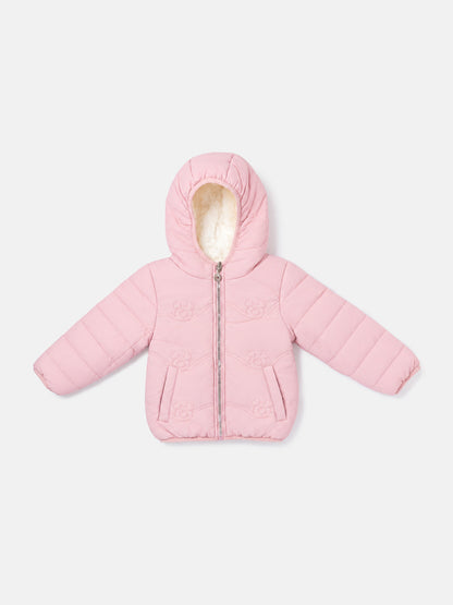 Baby Girl Padded Hooded Coat with Teddy Pattern - Baby Pink