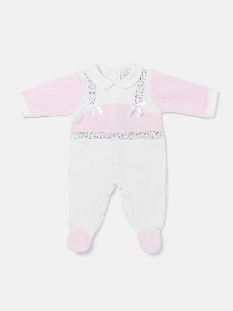 Velour Baby Grow for Girls with Floral Trims Nicoletta Collection - Ivory