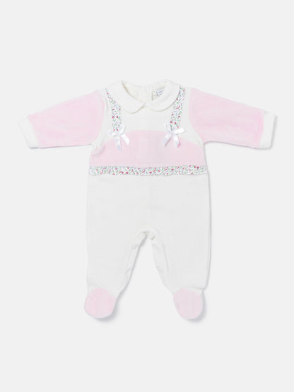 Velour Baby Grow for Girls with Floral Trims Nicoletta Collection - Ivory