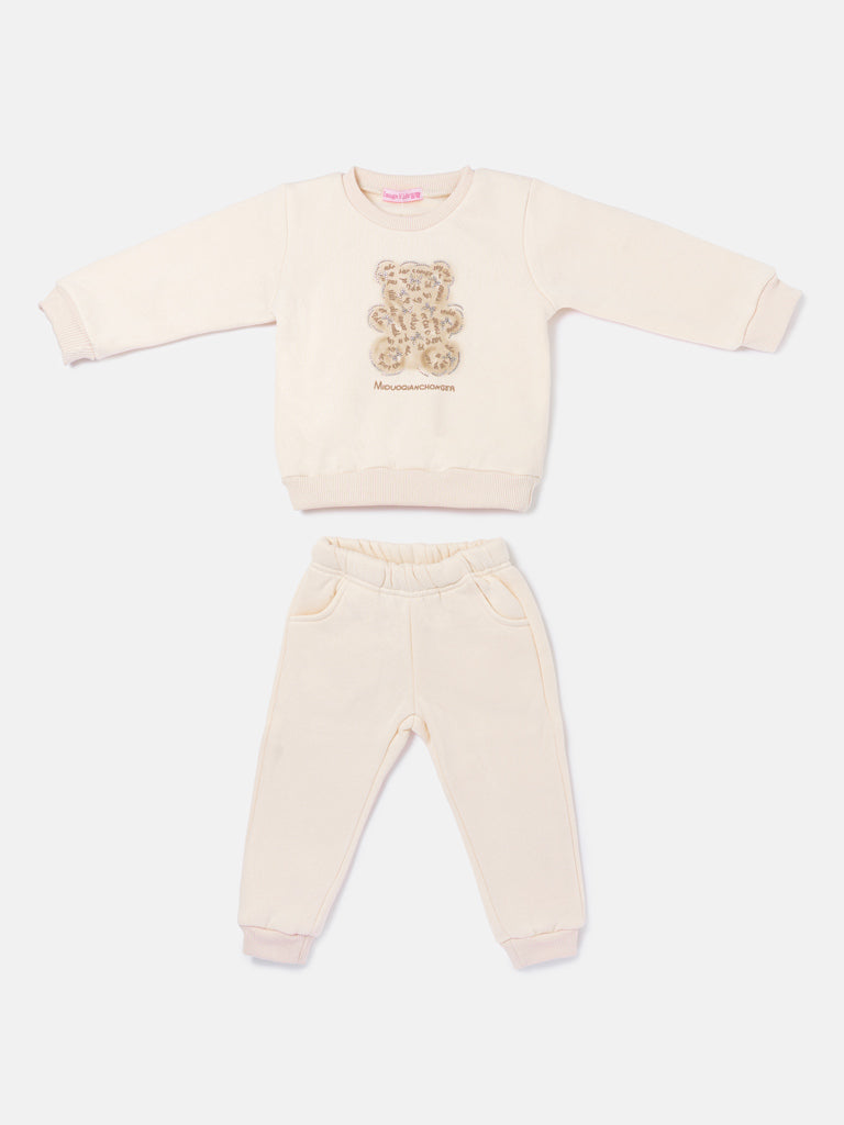 Baby Girl Gemma Collection 2-Piece Tracksuit Set with Teddy Design - Cream