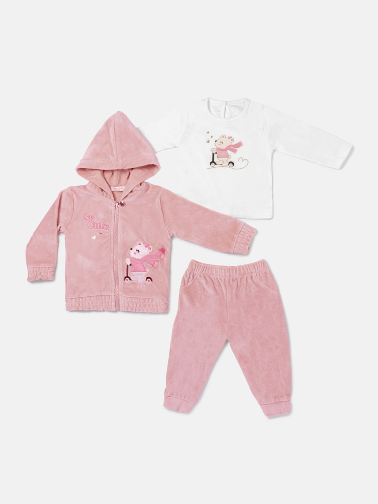 Baby Girl Noemi Collection 3-Piece Tracksuit Set with Scooter Rider - Peach