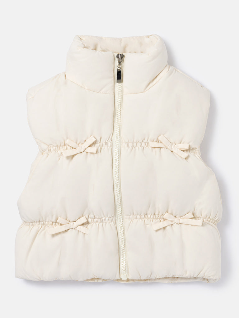 Baby Girl Padded Gilet - Bow Detail Vest - Light Ivory