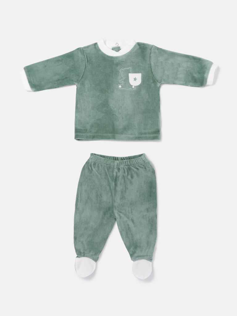 Baby Boy Elio Collection 2-Piece Velour Pyjama Set with Teddy Embroidery - Mint Green