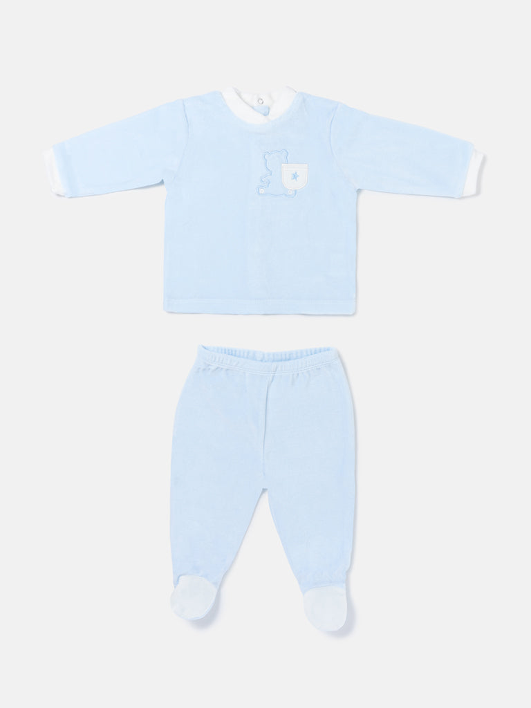 Baby Boy Elio Collection 2-Piece Velour Pyjama Set with Teddy Embroidery - Baby Blue