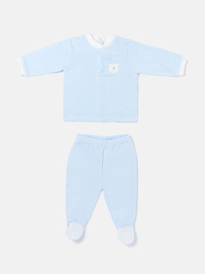 Baby Boy Elio Collection 2-Piece Velour Pyjama Set with Teddy Embroidery - Baby Blue
