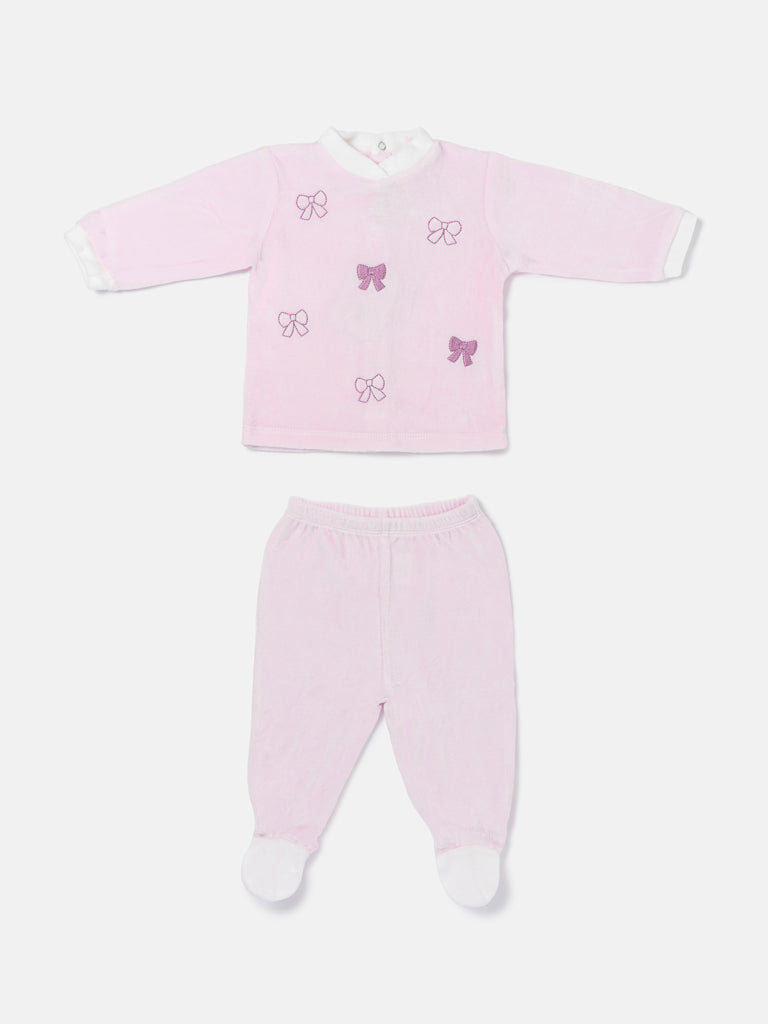 Baby Girl Bettina Collection 2-Piece Velour Pyjama Set with Bows Design - Baby Pink