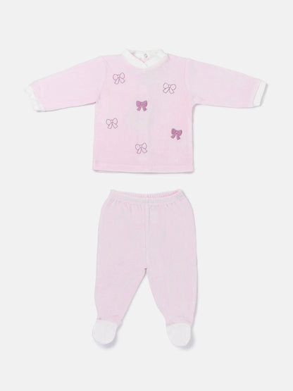 Baby Girl Bettina Collection 2-Piece Velour Pyjama Set with Bows Design - Baby Pink