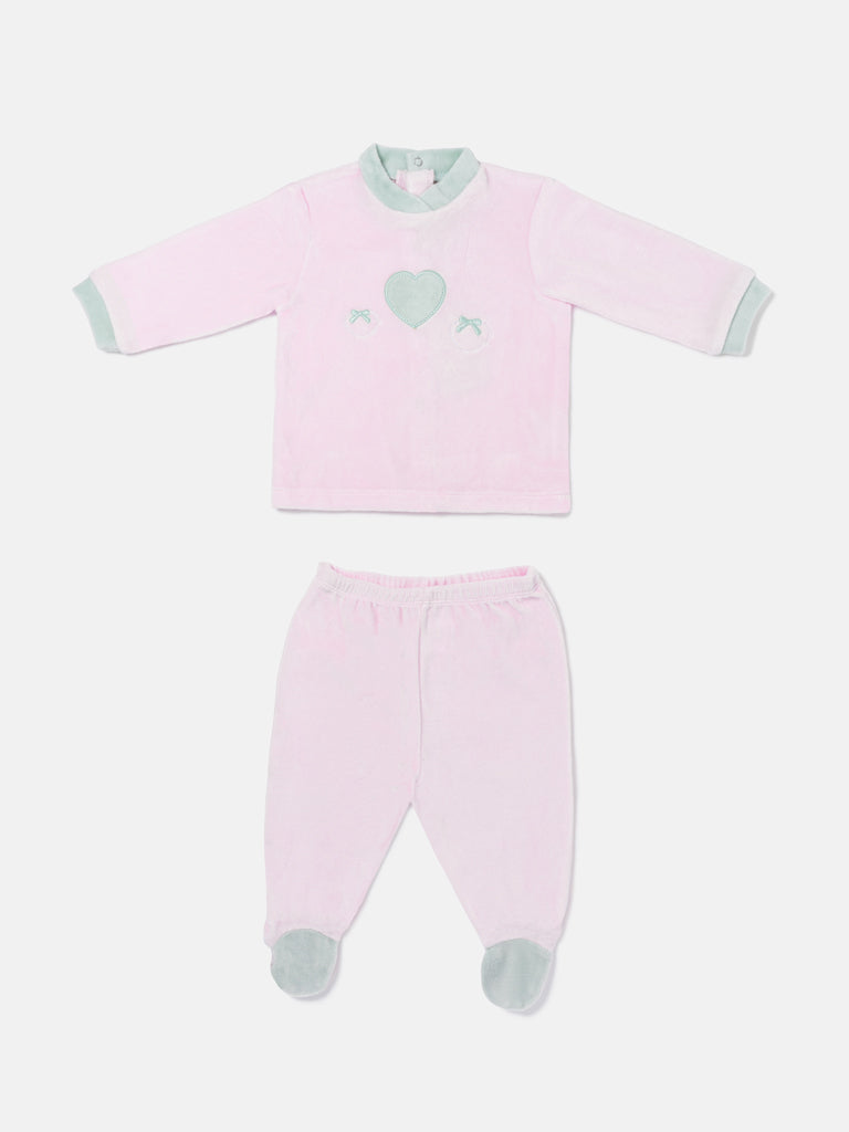 Baby Girl Flavia Collection 2-Piece Velour Pyjama Set with Heart Design - Baby Pink