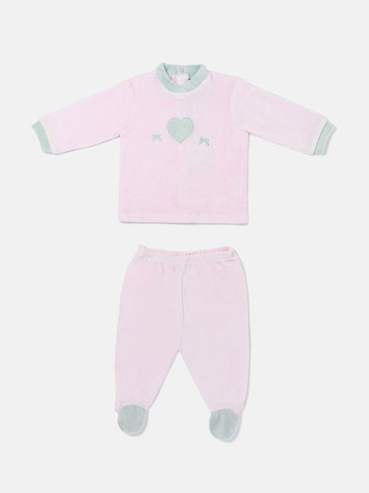 Baby Girl Flavia Collection 2-Piece Velour Pyjama Set with Heart Design - Baby Pink