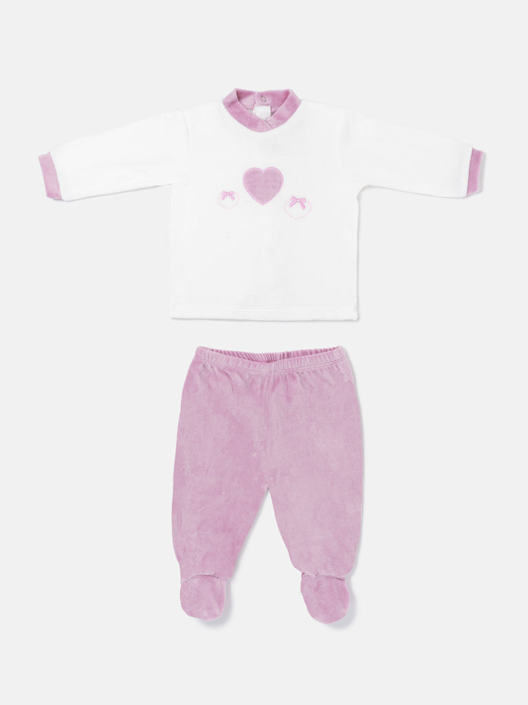 Baby Girl Flavia Collection 2-Piece Velour Pyjama Set with Heart Design - Dusty Pink
