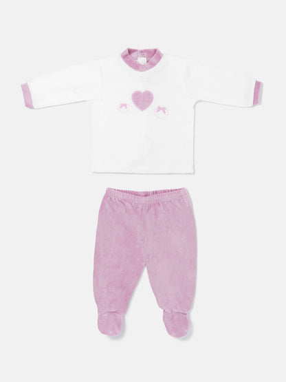 Baby Girl Flavia Collection 2-Piece Velour Pyjama Set with Heart Design - Dusty Pink