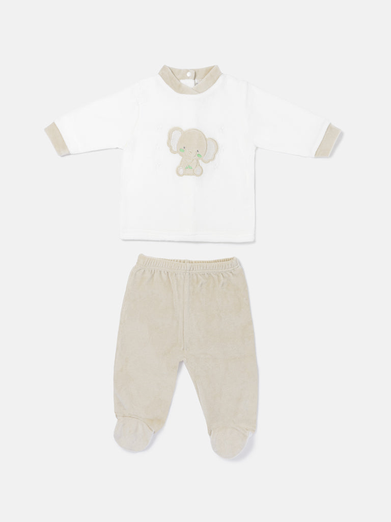 Baby Boy Emiliano Collection 2-Piece Velour Pyjama Set with Elephant Design - Beige