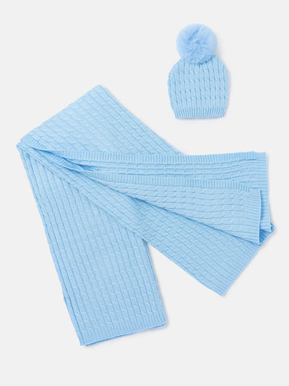 Baby Cable Knit Blanket & Single Pom-Pom Hat Set - Baby Blue