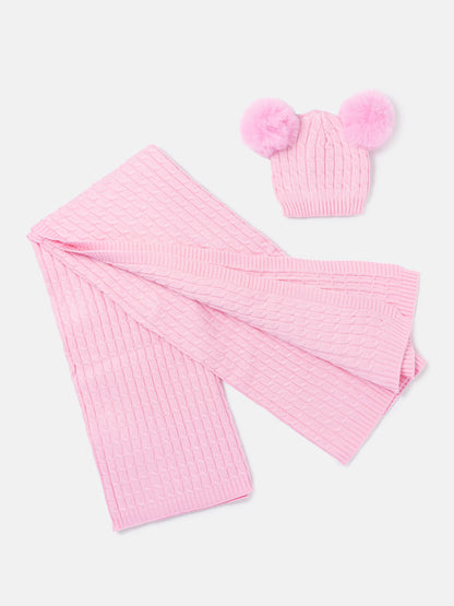 Baby Cable Knit Blanket & Double Pom-Pom Hat Set - Baby Pink