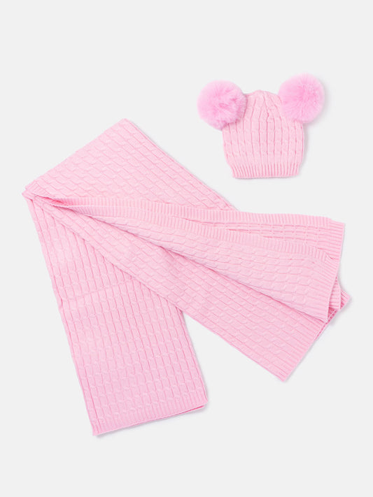 Baby Cable Knit Blanket & Double Pom-Pom Hat Set - Baby Pink