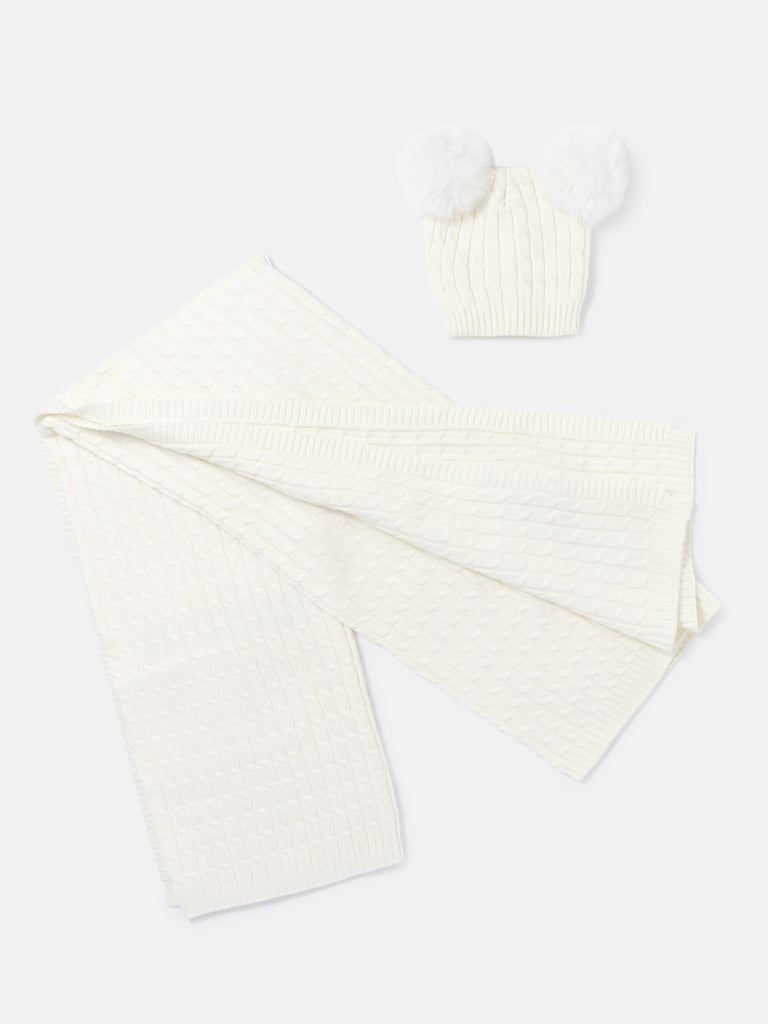 Baby Cable Knit Blanket & Double Pom-Pom Hat Set - Ivory