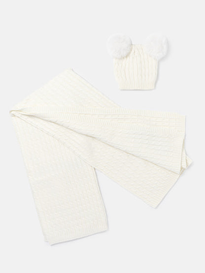 Baby Cable Knit Blanket & Double Pom-Pom Hat Set - Ivory