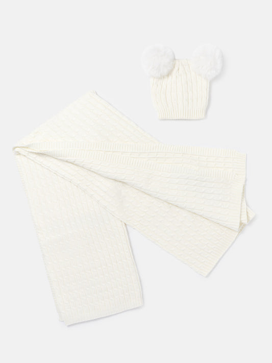 Baby Cable Knit Blanket & Double Pom-Pom Hat Set - Ivory