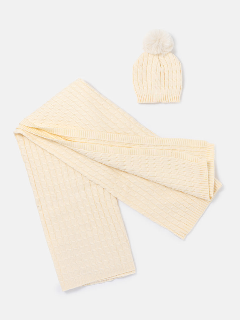 Baby Cable Knit Blanket & Single Pom-Pom Hat Set - Warm Cream