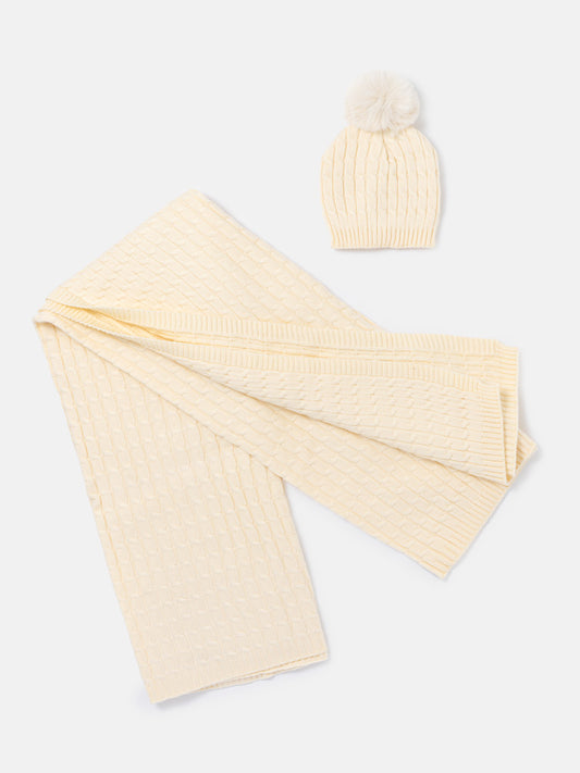 Baby Cable Knit Blanket & Single Pom-Pom Hat Set - Warm Cream