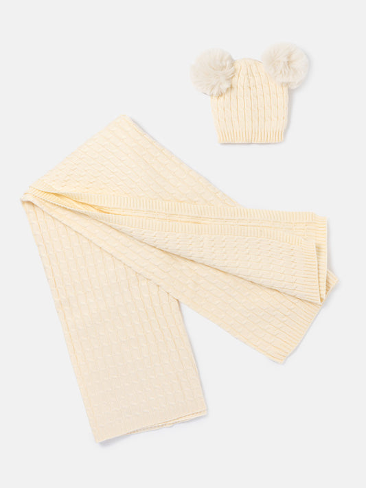 Baby Cable Knit Blanket & Double Pom-Pom Hat Set - Warm Cream