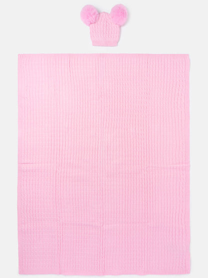 Baby Cable Knit Blanket & Double Pom-Pom Hat Set - Baby Pink