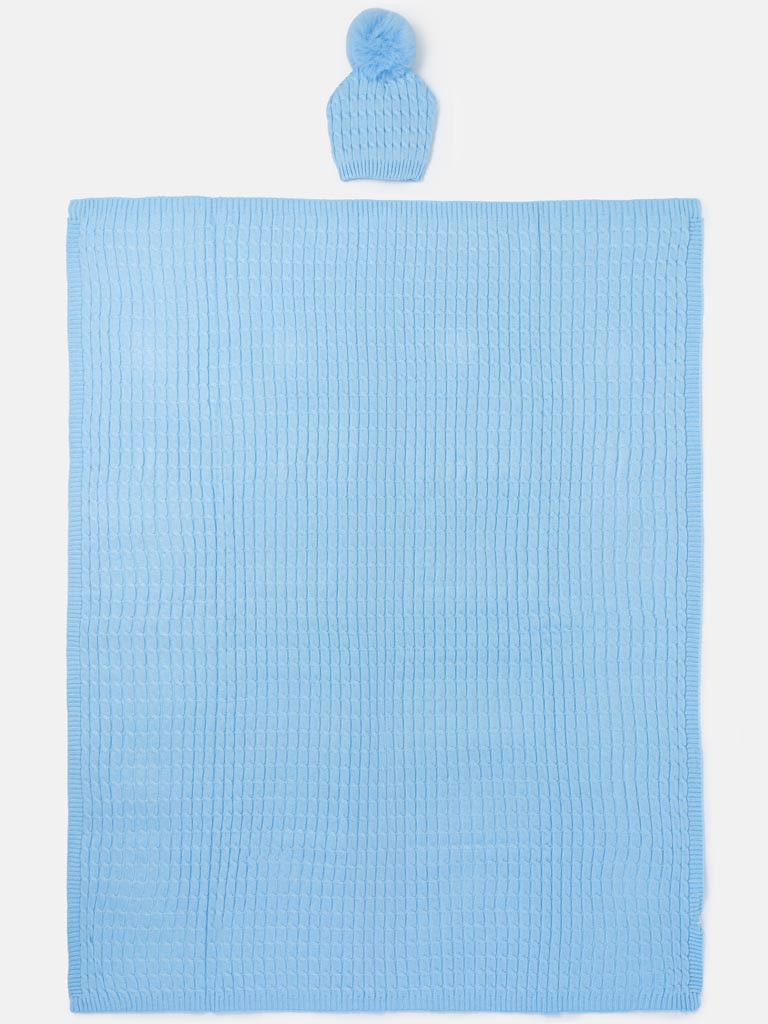 Baby Cable Knit Blanket & Single Pom-Pom Hat Set - Baby Blue