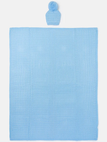 Baby Cable Knit Blanket & Single Pom-Pom Hat Set - Baby Blue