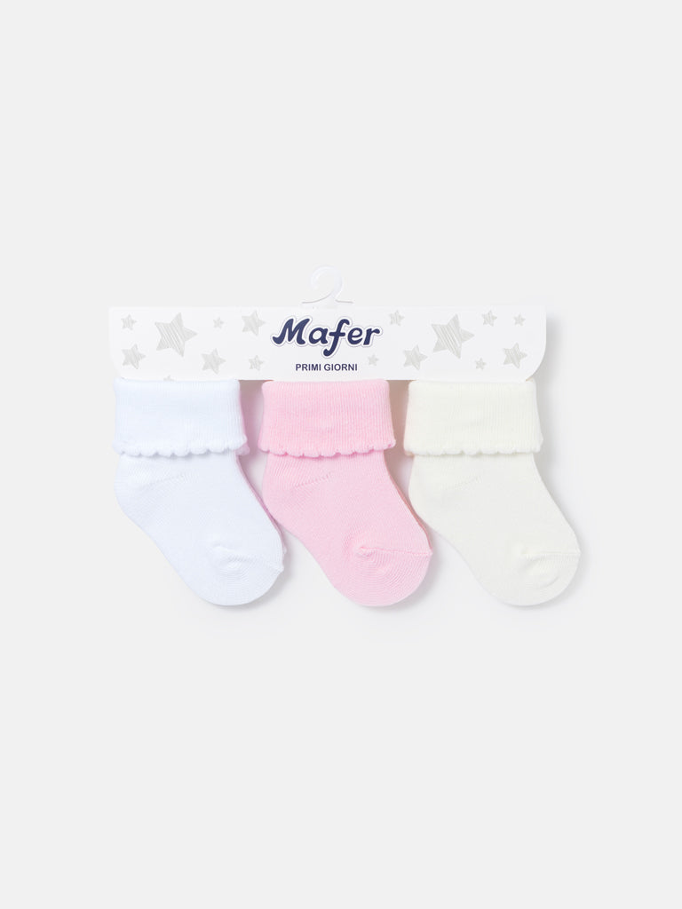 Baby Scalloped Edge Turn-Over Socks 3-Pair Set - White, Baby Pink & Ivory