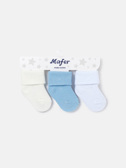 Baby Soft Cotton Turn-Over Socks 3-Pair Set - Ivory, Baby Blue & White