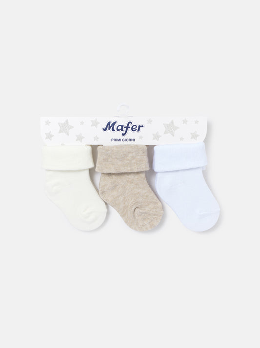 Baby Soft Cotton Turn-Over Socks 3-Pair Set - Ivory, Beige & White