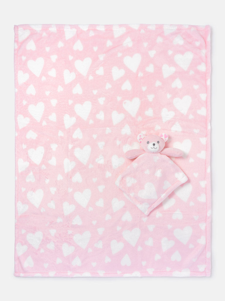Baby Heart Fleece Blanket & Teddy Comforter Gift Set - Baby Pink